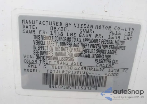 2020 Nissan Kicks S Xtronic Cvt из США, поврежденный, VIN 3N1CP5BV9LL539595